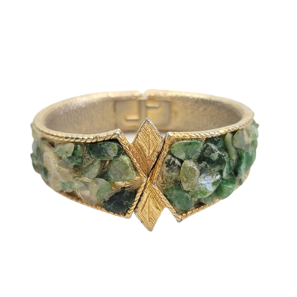 Jade Bracelet Women Bangle Cuff Jewelry Crystal Stone Chips Green Brass Gold